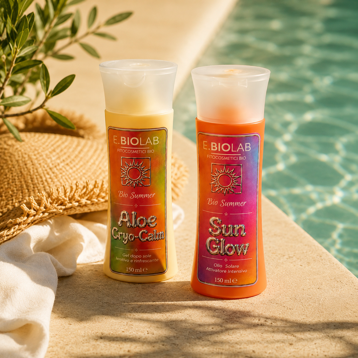 Prodotti solari bio E.BIOLAB Aloe Cryo-Calm e Sun Glow in riva alla piscina
